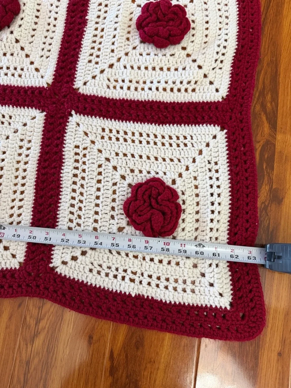 Handmade Crochet Floral Square Throw - Cream & Burgundy